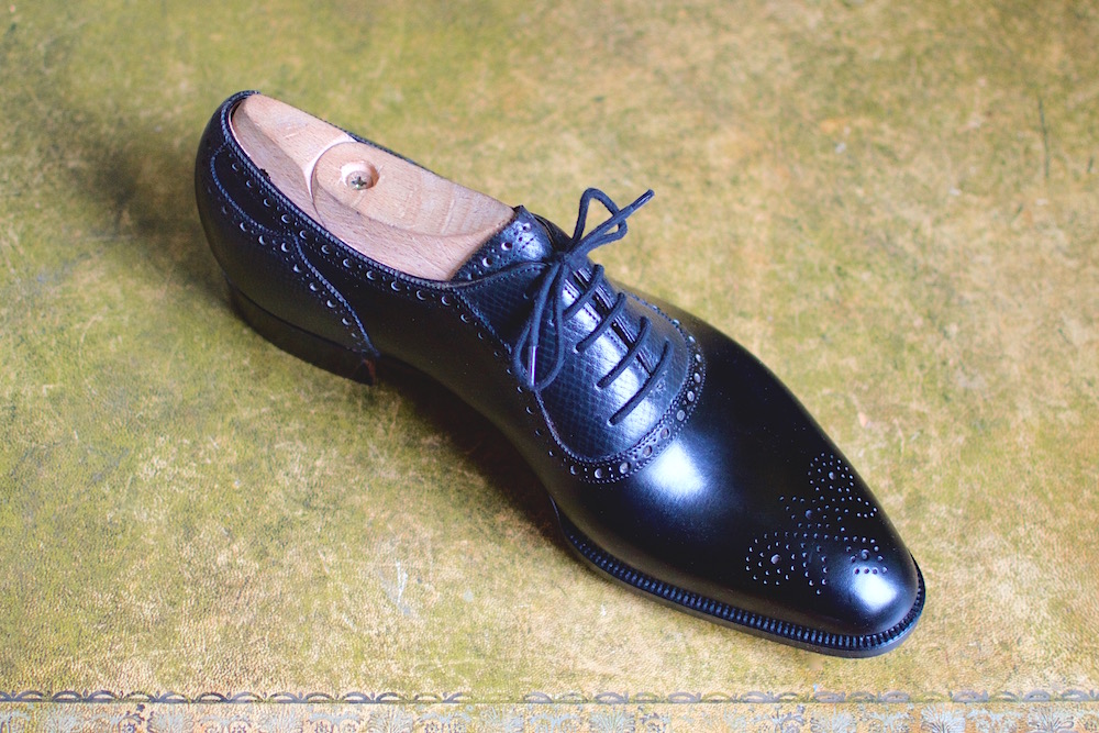 Box calf and hatchgrain adelaide oxford shoe.